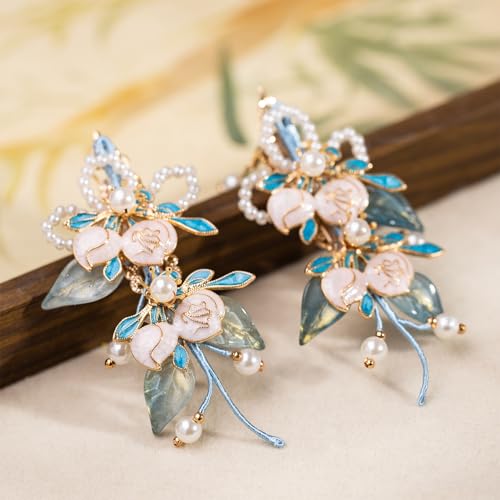 A Pair Wedding Hair Clips, Handmade Floral Design Crystal Hair Clips Pearl Barrettes, Rhinestones Flower Clips Pearl Headpieces Hair Pins Hair Accessories for Women Girls (Blue&White) - color: Blue&White