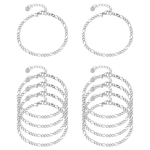 10 PCS Bracelets for Women Stainless Steel Chain Link Bracelet Set | 6.7 Inches with Extender, Jewelry Gifts for DIY, Chains Bulk, Oval, Curb, Figaro Chains, 18K Gold Plated, Silver, Chunky - color: Figaro Silver