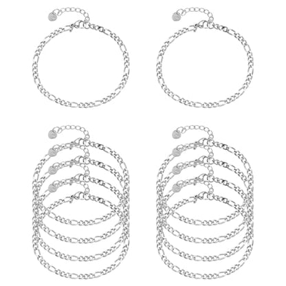 10 PCS Bracelets for Women Stainless Steel Chain Link Bracelet Set | 6.7 Inches with Extender, Jewelry Gifts for DIY, Chains Bulk, Oval, Curb, Figaro Chains, 18K Gold Plated, Silver, Chunky - color: Figaro Silver