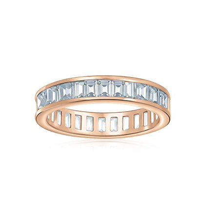 Bling Jewelry AAA Cubic Zirconia Channel Set Rectangle Emerald Cut Baguette CZ Eternity Ring Anniversary Wedding Band 14K Yellow Gold Plated .925 Sterling Silver 4MM Stackable Rings - color: Rose