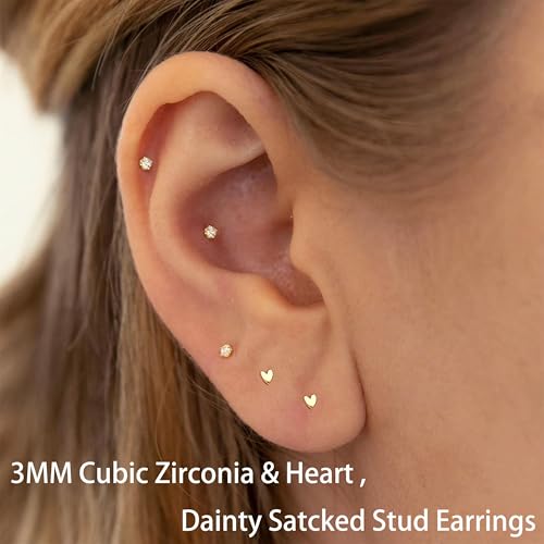 6Pairs 2mm/3mm Surgical Steel Hypoallergenic Piercing Studs, 20G 14K Real Gold Filled Tiny Stud Earrings Set for Multiple Hole Piercing (Cubic Zirconia, Pearl, Ball) - style: T : 3MM, Gold, Heart&CZ, 6 Pairs