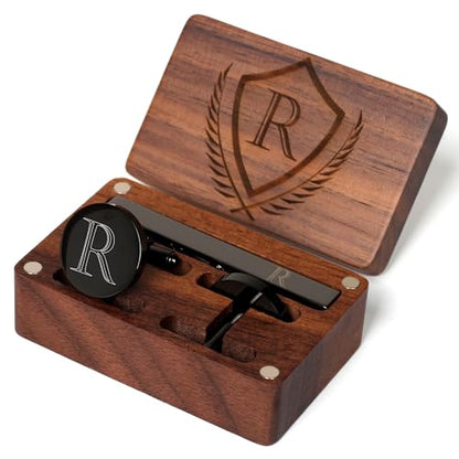 Mens Initial Cufflinks and Tie Clip A-Z Alphabet Letter Black Stainless Cuff Links Tie Bar with Engraved Walnut Wood Box Groom Groomsman Wedding Set - style: Classic-R