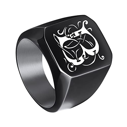 INBLUE Personalized Engraved Initial Monogram Signet Rings for Man Women Stainless Steel Rings Customize Jewelry with Ring Size Adjuster - color: Black: Initial