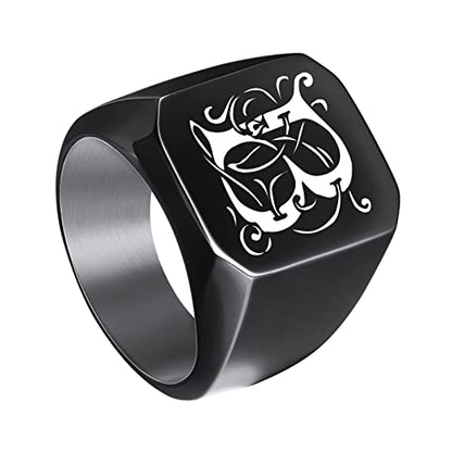 INBLUE Personalized Engraved Initial Monogram Signet Rings for Man Women Stainless Steel Rings Customize Jewelry with Ring Size Adjuster - color: Black: Initial