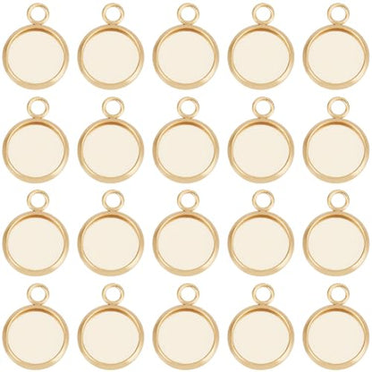 Beebeecraft 1 Box 40Pcs 10mm Cabochon Settings Charms 24K Gold Plated Stainless Steel Plain Edge Bezel Cups Flat Round Back Charm for DIY Jewellery Making Findings - color: Gold, size: 10mm 40pcs