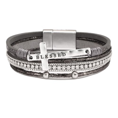 Religious Cross Engraved Blessed Leather Wrap Match Strand Bracelet for Women Multi-Layer Boho Beaded Cuff Bangle Bracelet Christian Jewelry - color: Grey