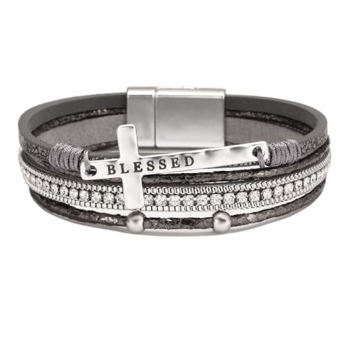 Religious Cross Engraved Blessed Leather Wrap Match Strand Bracelet for Women Multi-Layer Boho Beaded Cuff Bangle Bracelet Christian Jewelry - color: Grey