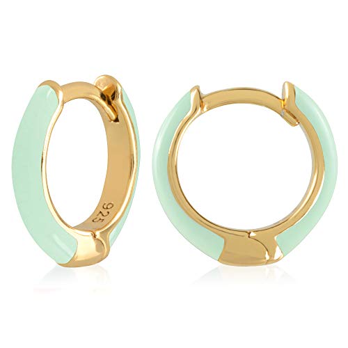 14K Gold Plated Sterling Silver Enamel Color Huggie Hoop Earrings for Women – Wide Range of Vibrant Color Options Available - color: Green ( Mint )