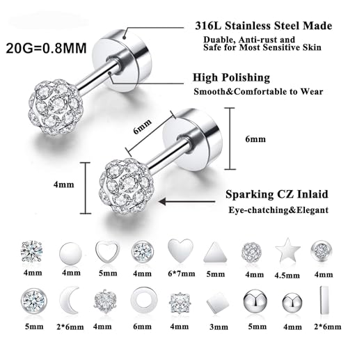18Pairs 20G 18G Stainless Steel Tiny Stud Earrings for Women Cartilage Helix Earrings Ball Star CZ Earrings - color: Sliver, size: 20G
