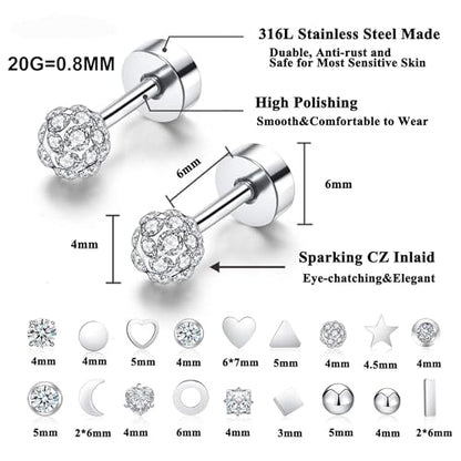 18Pairs 20G 18G Stainless Steel Tiny Stud Earrings for Women Cartilage Helix Earrings Ball Star CZ Earrings - color: Sliver, size: 20G