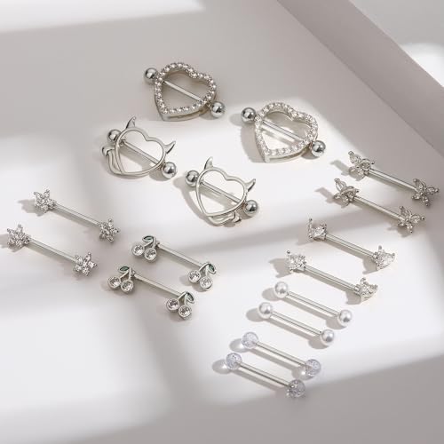 8 Pairs Gold Plated Nipple Rings for Women 14G Surgical Stainless Steel Nipple Piercing Jewelry Heart Cherry Butterfly Flower Nipple Barbells - color: Silver Tone Clear CZ