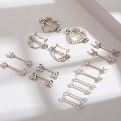 8 Pairs Gold Plated Nipple Rings for Women 14G Surgical Stainless Steel Nipple Piercing Jewelry Heart Cherry Butterfly Flower Nipple Barbells - color: Silver Tone Clear CZ