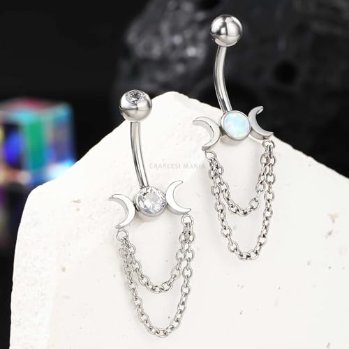 Moon Phase Belly Button Rings Double Chain Belly Rings 316L Stainless Steel Belly Button Piercing Jewelry 14Gauge Belly Ring for Women - color: Opal