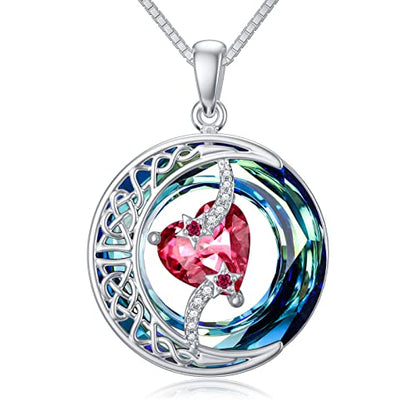 TOUPOP Birthstone Necklace Women Sterling Silver Moon Star Birthday Jewelry | Celtic Moon Pendant with Blue Crystal Anniversary Christmas Jewelry Gifts for Wife Mom Her - color: A-07-Ruby