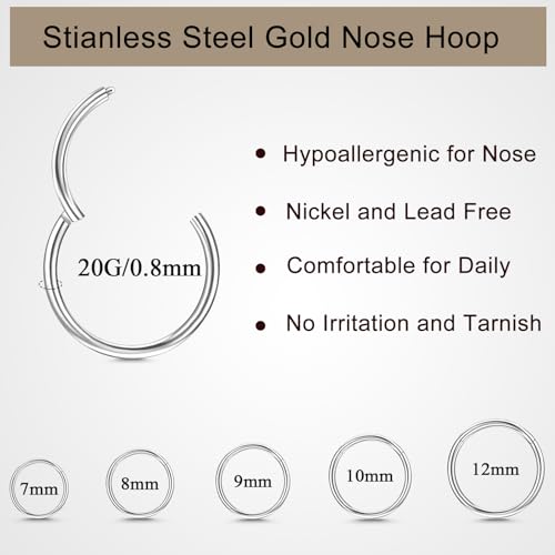 10Pcs Gold Nose Ring Hoop 18G/20G Clicker Nose Hoops Hypoallergenic Stainless Steel Nose Piercings Jewelry Gold Nose Jewelry Septum Helix Cartilage Lip Body Piercings for Women Men 7mm 8mm 9mm 10mm 12mm - color: Silver-20G