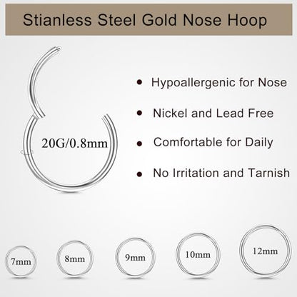 10Pcs Gold Nose Ring Hoop 18G/20G Clicker Nose Hoops Hypoallergenic Stainless Steel Nose Piercings Jewelry Gold Nose Jewelry Septum Helix Cartilage Lip Body Piercings for Women Men 7mm 8mm 9mm 10mm 12mm - color: Silver-20G