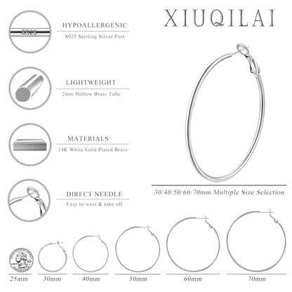 14K Gold Plated 925 Sterling Silver Posts large Hoop Earrings for Women, Hypoallergenic Big Hoop Earrings Lightweight Jewelry for Women 30/40/50/60/70MM - color: Silver-40mm