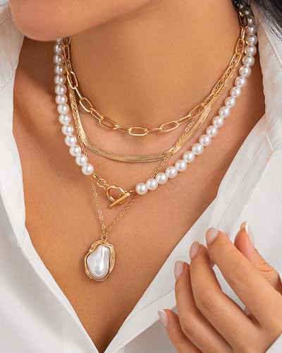 Gold Layered Necklaces for Women Chunky Layered Gold Necklaces Stacked Paperclip Chain Pearl Necklace Herringbone Toggle Clasp Choker Trendy Statement Jewelry Gifts - color: A9:chunky gold necklaces
