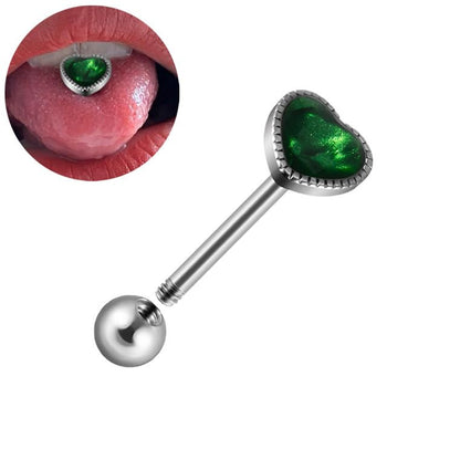 14G Green Aurora Heart Tongue Rings for Women Glitter 316L Stainless Steel Tongue Studs Barbell Cartilage Earrings Statement Body Piercing Jewelry
