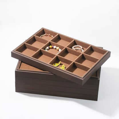 Wood Jewelry Organizer Tray, Bracelet Display (Brown, 2Pc, 12 Grids) | Stackable Jewelry Display, Bracelet Holder, Tangle-Free Bracelet Organizer, Watch Ring Storage - size: 12Grids+12Grids
