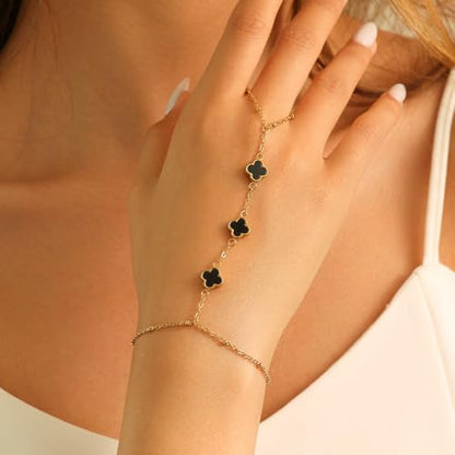Hand Chain Bracelets for Women 14K Gold Plated Dainty Link Bracelet Bracelets Trendy Ring Bracelet Birthday Jewelry Gifts for Women - style: Black Clover