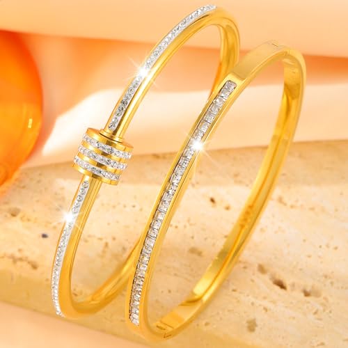 Camhanno Gold Bangles for Women - Stainless Steel Love & Friendship Bracelet Set with Gift Box | Daily Wear & Party Jewelry - color: 2pcs Gold Set Style 2