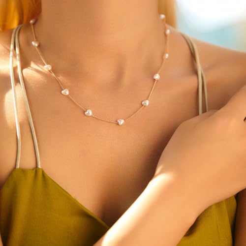 Heart-Shaped Pearl Necklace Exquisite Small 14K Gold Plated Chain Precious Jewelry Lobster Clasp Adjustable Extender - style: 14K Gold+Heart-Shaped Pearl