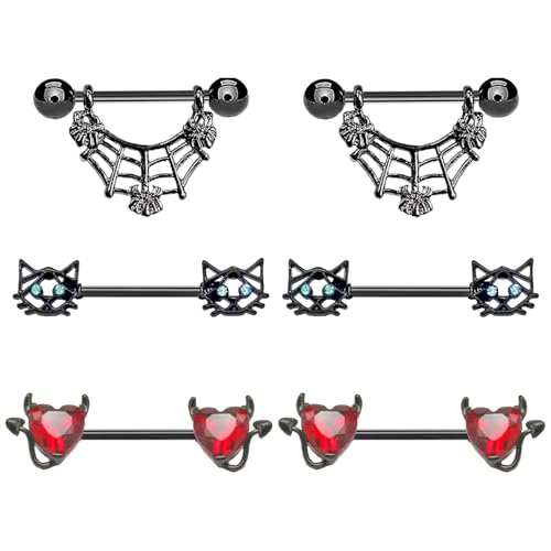 VERAMI 14G 16G Bat Devil Heart Nipple Rings Stainless Steel Heart Nipple Barbell Rings Tongue Rings Body Piercing for Women Men - color: STYLE-3