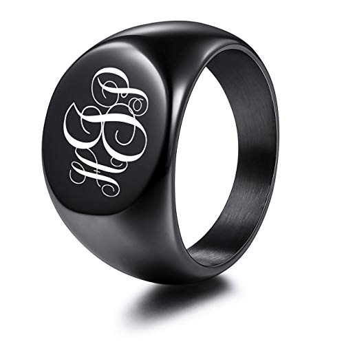 MeMeDIY Personalized Engraved Initial Monogram Oval Signet Ring for Men Women Customize Stainless Steel Letter Rings Valentine's Day Gift Jewelry, Bundle with Ring Size Adjusters - color: B3: Black - Monogram