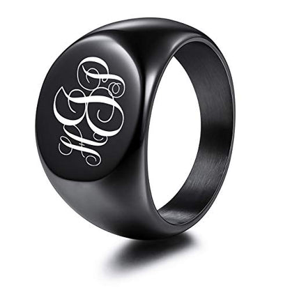 MeMeDIY Personalized Engraved Initial Monogram Oval Signet Ring for Men Women Customize Stainless Steel Letter Rings Valentine's Day Gift Jewelry, Bundle with Ring Size Adjusters - color: B3: Black - Monogram