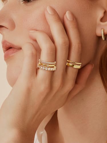 Stackable Gold Rings for Women Non Tarnish Dainty 14K Gold Plated Band Rings Cubic Zirconia Thumb Ring Trendy Statement Stacking Rings Set Promise Wedding Bands Engagement Rings Size 6-10 - color: 14K Gold Plated