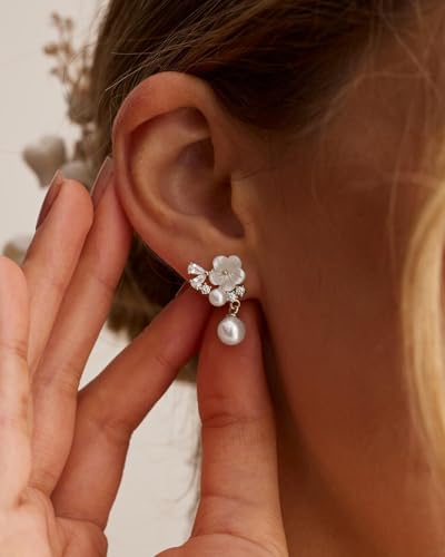 Pearl Earrings for Women Trendy Dainty Wedding Earring 14K Gold Plated/Silver Plated Dainty Cute Drop Dangle Pearl Earrings Studs Hypoallergenic CZ Diamond Wedding Earrings for Brides Prom Jewelry Gift for Women - color: 05.Silver flower