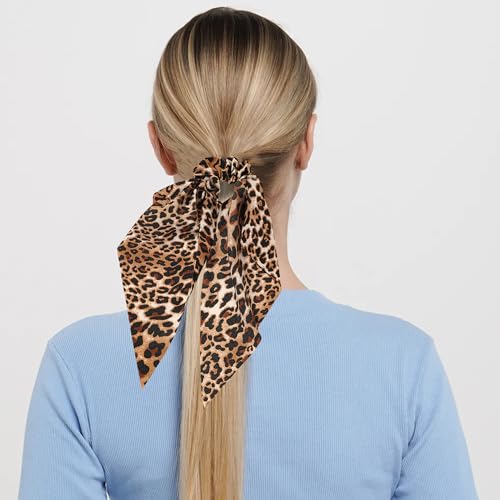 Leopard Hair Scarf Scrunchies for Women - 2Pcs Bow Scrunchies Knotted Bow Hair Ties Long Elastic Bands Satin Hair Ribbon Scrunchy Soft Ponytail Holders for Women Girls Gifts