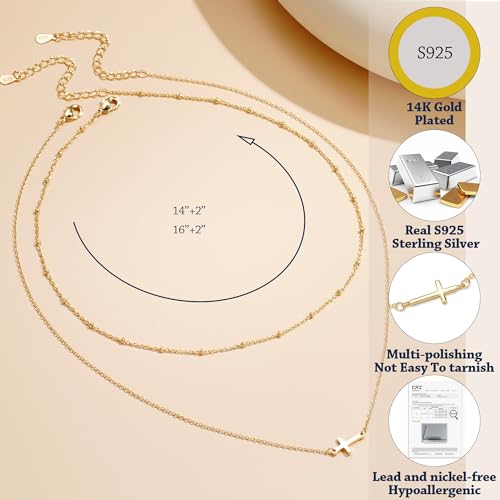 14K Gold Layered Cross Necklaces for Women,Tiny Small Sideways Cross Necklace Minimalist Christian Jewelry Gifts First Communion Confirmation Easter Stuff,2Pcs - color: Style D，Satellite with sideway cross
