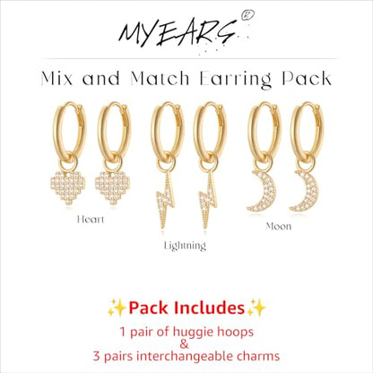Gold Hoop Earrings and Charm Set for Women Huggie Dangle Drop Mix and Match Earring Pack with Charms 14K Small Simple Hypoallergenic Everyday Jewelry - style: 02. Heart/Lightning/Moon