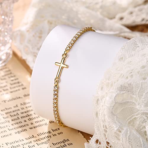 FANZE Gold Plated Cubic Zirconia Tennis Bracelets for Women Dainty Trendy Adjustable Bracelet Jewelry Gift for Ladies Wedding Mother Birthday Anniversary - style: Cross