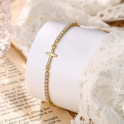 FANZE Gold Plated Cubic Zirconia Tennis Bracelets for Women Dainty Trendy Adjustable Bracelet Jewelry Gift for Ladies Wedding Mother Birthday Anniversary - style: Cross