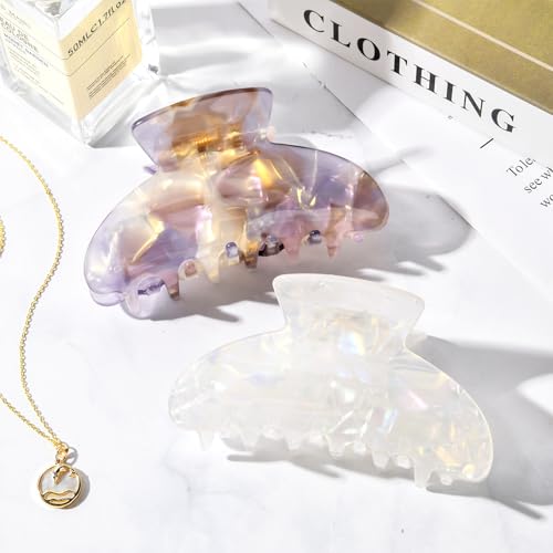 Aileam Acetate Hair Claw Clips for Women,White Pink hair clip French Design Strong Hold Non-Slip claw clips for Thick Hair, 2 Pack - color: Crystal Clear White & Iridescent Pink