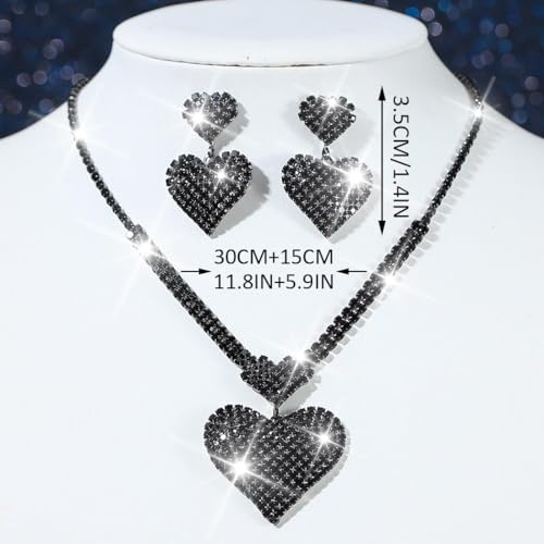 Crystal Heart Bridal Wedding Jewelry Set Silver Rhinestone Necklace Earrings Bracelet Sets Formal Costume Jewelry for Women and Brides - color: Black Necklace Earrings