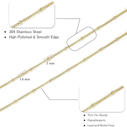 16Ft Stainless Steel Bead Chain for Jewelry Making, 1.6mm Thin Gold Plated Ball Beaded Cable Link Chains Roll for DIY Necklace Bracelet Jewelry Making Supplies with Lobster Clasps Soft Tape Measure - color: Cross Bead Gold