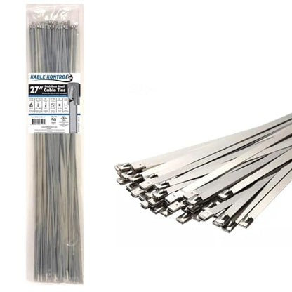 Kable Kontrol Stainless Steel Metal Zip Ties 27 Inch 100 Pcs HD 200Lbs Test | Heavy Duty Steel Cable Ties, Self-locking, Multi-Purpose, Outdoor and Indoor Use, High Temperature, Corrosion Resistant - size: 27" - 200 Lbs - 100 Pcs