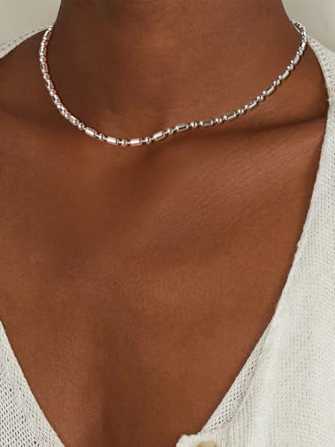 FOCALOOK Choker Necklace for Women, Double Layered Boho Beaded Choker Chain | Dainty 14K Gold Plated/Silver/Black Metal, Simple Small Satellite Beaded Chain Necklace, Hypoallergenic for Everyday Wear - color: 03.Beaded Choker-Silver