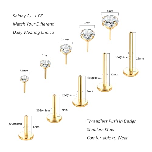 Aumeo 20G 18G 16G Threadless Push in Nose Rings Studs Surgical Steel Labret Jewelry Monroe Lip Rings Studs Medusa Ashley Piercing Jewelry for Women - color: Gold, size: 20g*6/7/8/10/12mm