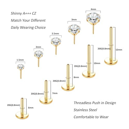 Aumeo 20G 18G 16G Threadless Push in Nose Rings Studs Surgical Steel Labret Jewelry Monroe Lip Rings Studs Medusa Ashley Piercing Jewelry for Women - color: Gold, size: 20g*6/7/8/10/12mm