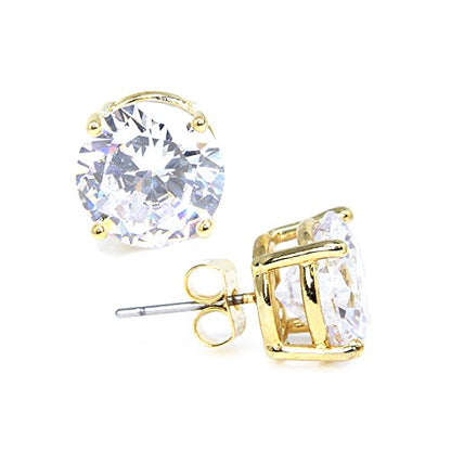 Stainless Steel Round Cut Cubic Zirconia Stud Earrings With Clear Case - Gold, Silver (3mm~12mm) - color: 12mm-Gold