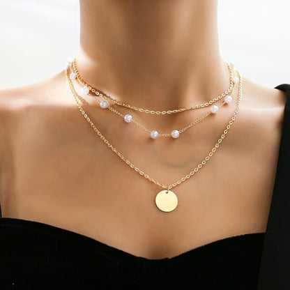 3Pcs Gold Circle Pendant Necklace Set Dainty Layered Stacked Pearls Chain Choker Necklace Trendy Birthday Jewelry Accessory Gift for Women - color: Gold Pearl