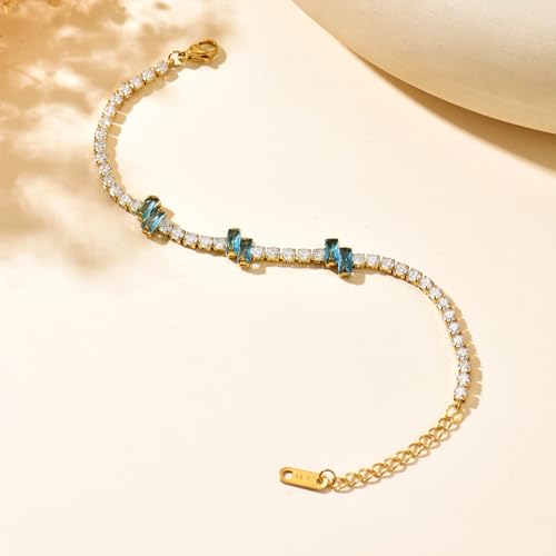 18K Gold Plated Cubic Zirconia Tennis Bracelet for Women Sparkling Stackable Stainless Steel Jewelry Hypoallergenic Tarnish Resistant Bridal Gift - color: Light Blue Baguette CZ-Gold