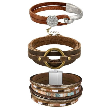 Inbagi 3 Pcs Western Jewelry for Women Bohemian Leather Bracelets for Women Faux Leather Multi Layered Wrap Bracelets Wristbands Cuff Boho Splicing Bangle Mens - style: Stylish