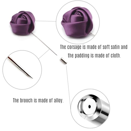 10Pcs Rose Boutonniere Lapel Pin for Men Purple Flower Lapel Pin for Men Suits Handmade Rose Corsage Satin Flower Outfit Accessories Groom Groomsman Wedding Brooch for Husband Brother