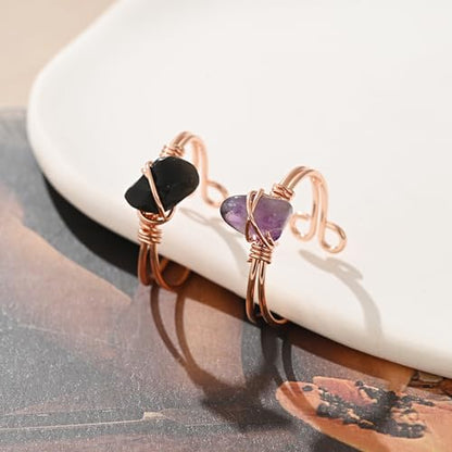 9 PCS Healing Crystal Ring, Adjustable Wire Wrapped Rings Irregular Gemstone Rings Set for Women - color: Rose Gold-Style A